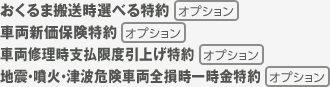 おくるま搬送時選べる特約 オプション　車両新価保険特約 オプション　車両修理時支払限度引上げ特約 オプション　地震・噴火・津波危険車両全損時一時金特約 オプション